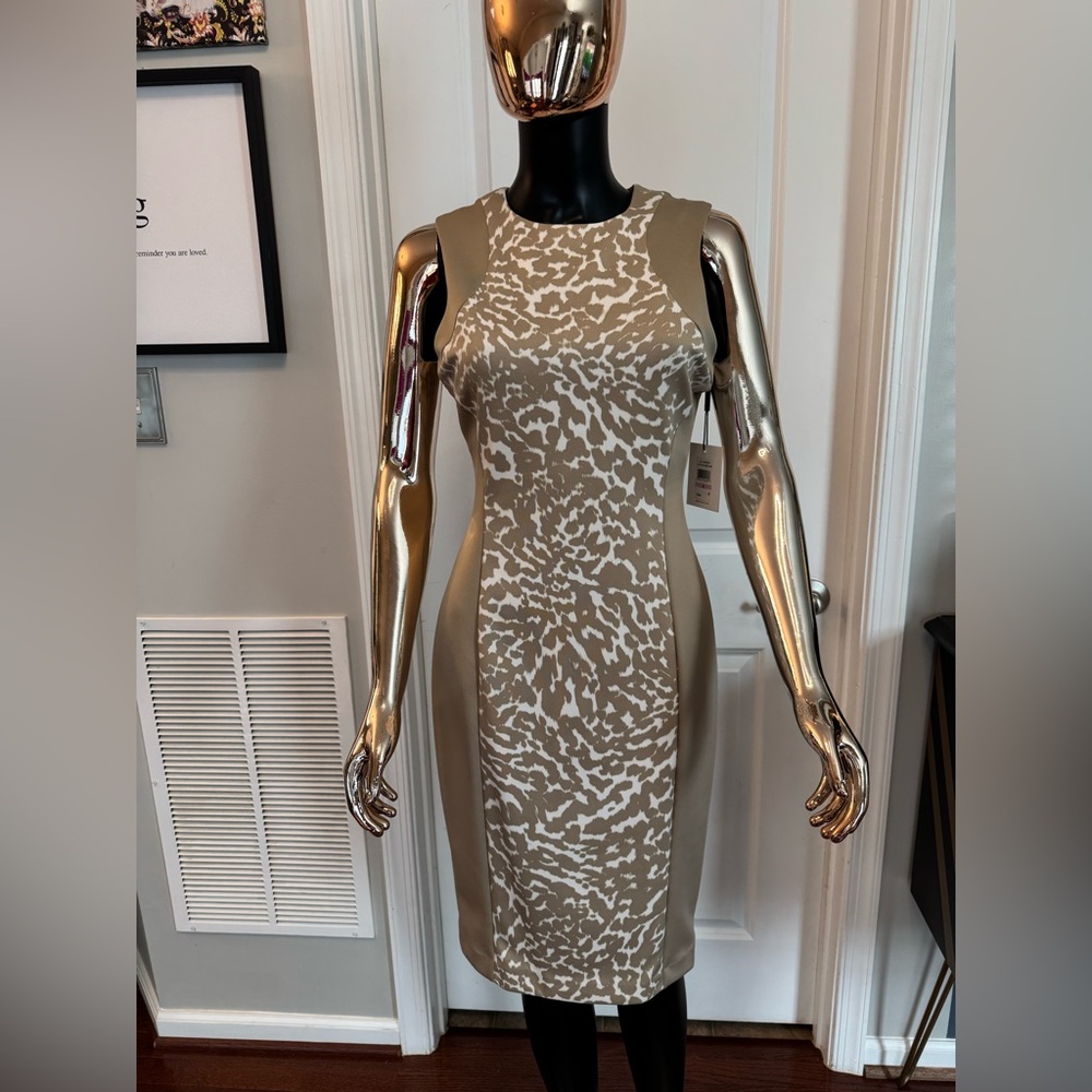 Calvin Klein Taupe and Cream Midi Dress